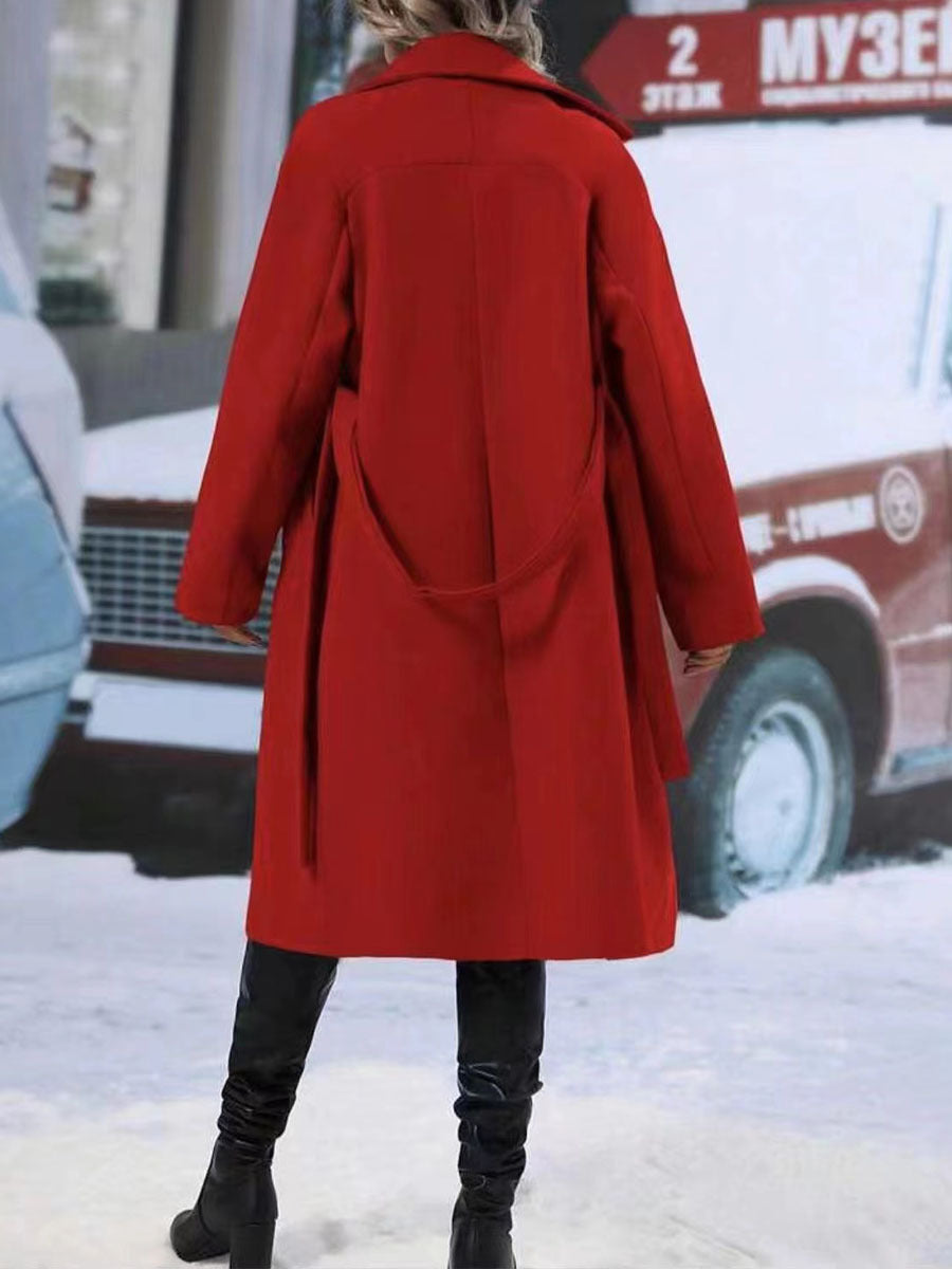 Lapel Double-breasted Trench Coat With Belt Winter Fashion Solid Colour Long Jacket Outwear Women Clothing