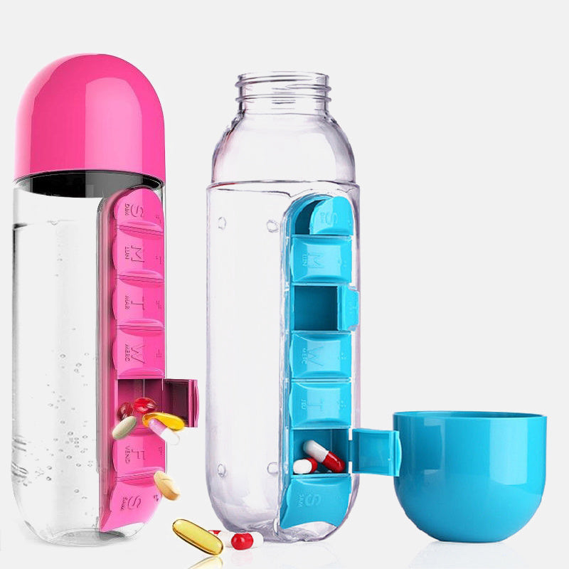 Water Bottle With Pillbox Plastic Drink Bottle with Medicine Pills Box Travel 7 Days Drug Organizer Drinking Container