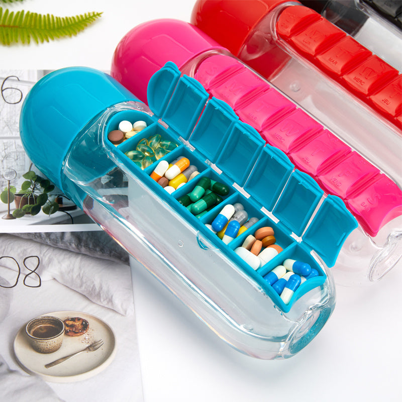 Water Bottle With Pillbox Plastic Drink Bottle with Medicine Pills Box Travel 7 Days Drug Organizer Drinking Container