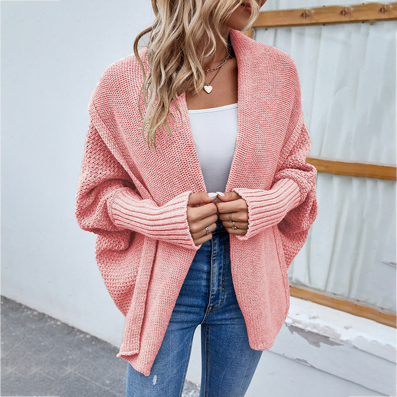 New Loose Knitted Sweater Solid Colour Bat Sleeve Large Lapel Cardigan Autumn And Winter Fashion Jacket For Women Clothing