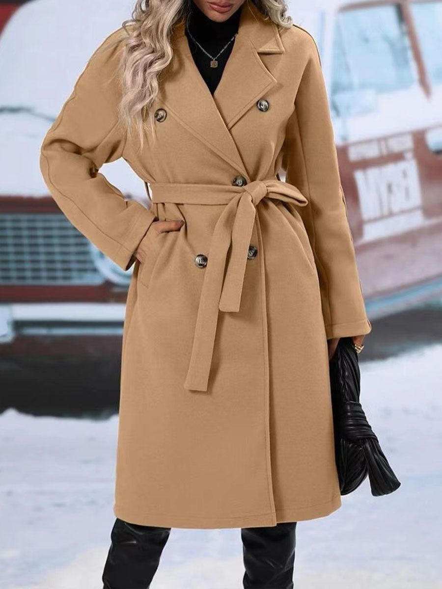 Lapel Double-breasted Trench Coat With Belt Winter Fashion Solid Colour Long Jacket Outwear Women Clothing