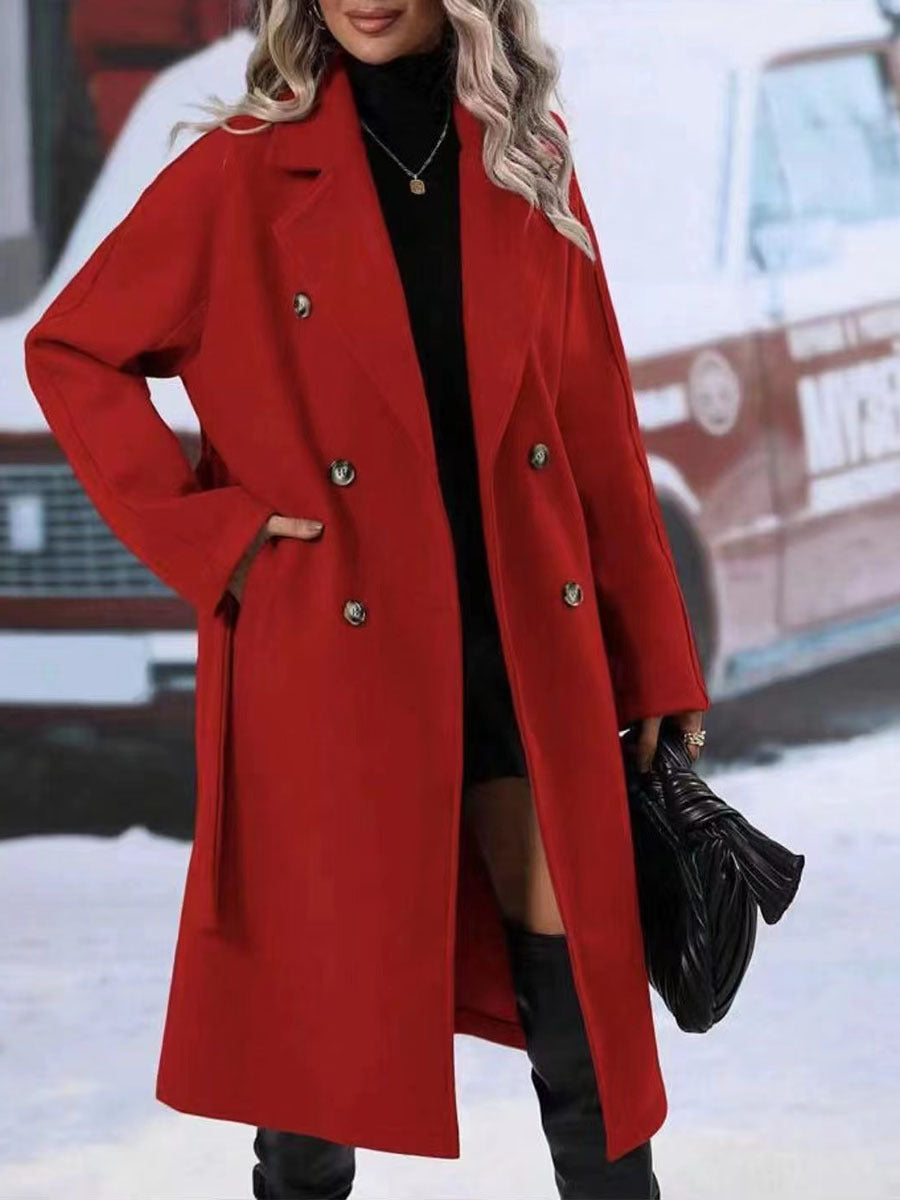 Lapel Double-breasted Trench Coat With Belt Winter Fashion Solid Colour Long Jacket Outwear Women Clothing