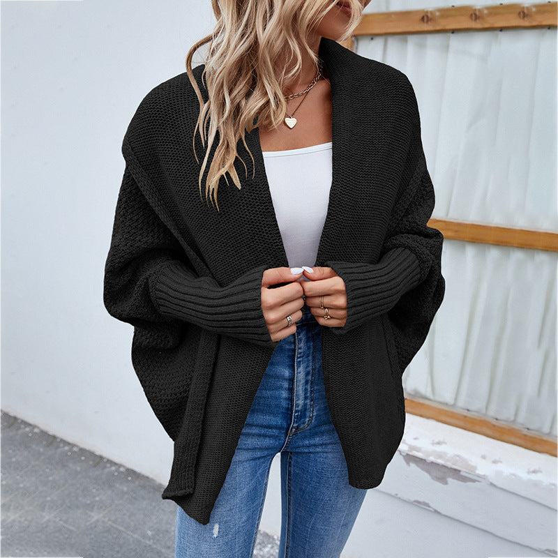 New Loose Knitted Sweater Solid Colour Bat Sleeve Large Lapel Cardigan Autumn And Winter Fashion Jacket For Women Clothing