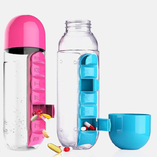 Water Bottle With Pillbox Plastic Drink Bottle with Medicine Pills Box Travel 7 Days Drug Organizer Drinking Container