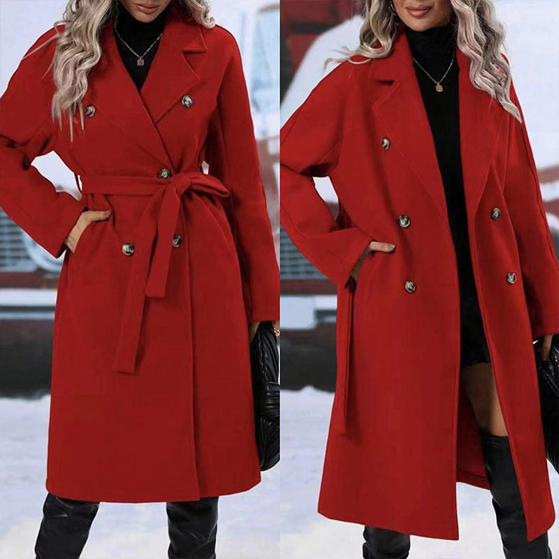 Lapel Double-breasted Trench Coat With Belt Winter Fashion Solid Colour Long Jacket Outwear Women Clothing