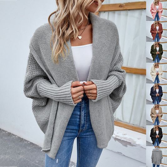 New Loose Knitted Sweater Solid Colour Bat Sleeve Large Lapel Cardigan Autumn And Winter Fashion Jacket For Women Clothing