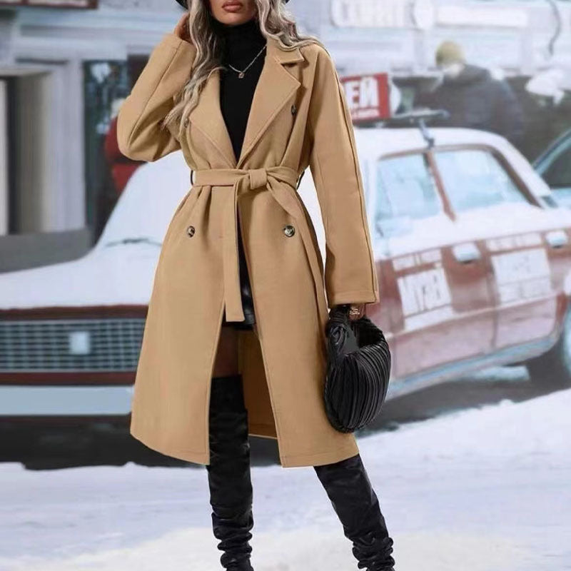 Lapel Double-breasted Trench Coat With Belt Winter Fashion Solid Colour Long Jacket Outwear Women Clothing