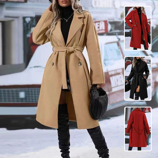 Lapel Double-breasted Trench Coat With Belt Winter Fashion Solid Colour Long Jacket Outwear Women Clothing
