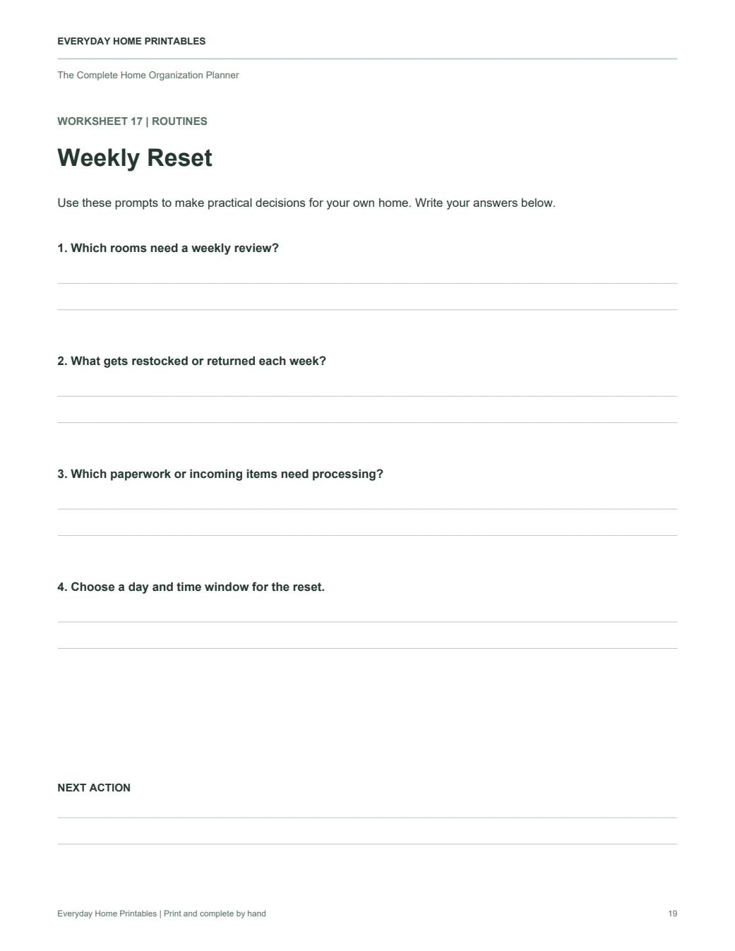 Weekly Reset, actual printable worksheet